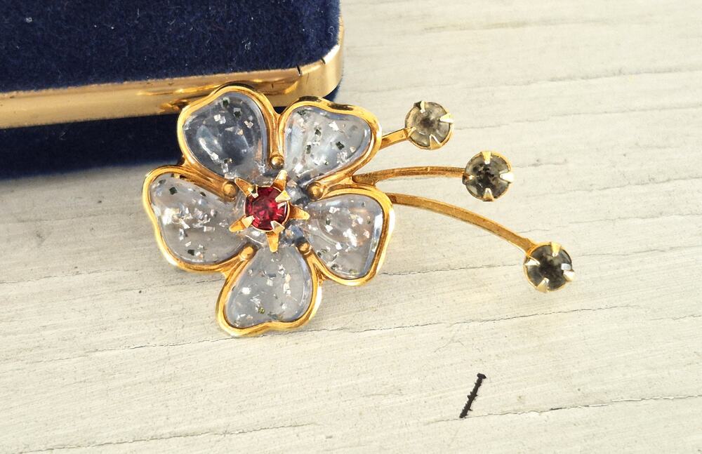 Vintage Mini Flower Lucite Glittered Pin Brooch